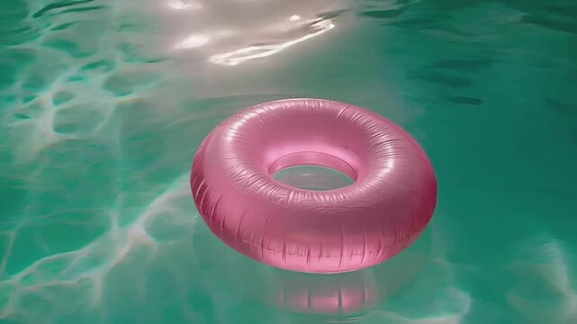 Summer hot vibe lifestyle. A vivid, closeup shot of a swimming pool. A bright pink inflatable ring floats in clear, turquoise water.