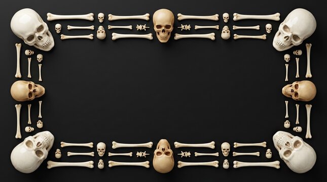 Human skeletal remains forming a rectangular frame on a dark textured background