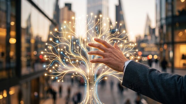 Hand reaching towards glowing digital tree made of fiber optic lights and circuits in modern city street, symbolizing artificial intelligence growth, innovation, and future
