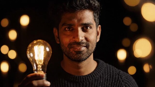 A young man holding a glowing vintage light bulb against a dark background with bokeh lights.