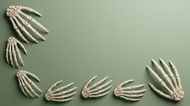 Five plastic skeleton hands arranged in a curved line on a green background