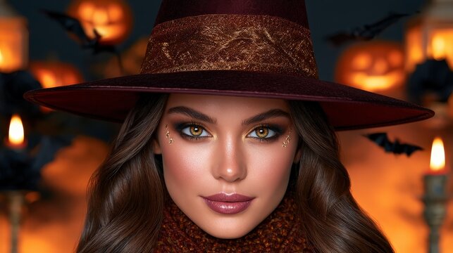 Stylish Woman in Witch Hat with Glittery Makeup