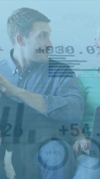 Animation of graphs and trading board over diverse couple with dog discussing at home
