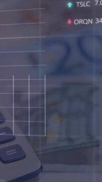 Animation of financial data processing over money and calculator
