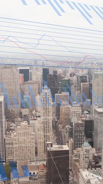 Animation of financial data processing over cityscape