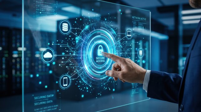 Hand touching secure access button on virtual holographic screen in server room, protecting sensitive information, cybersecurity, data encryption, network safety