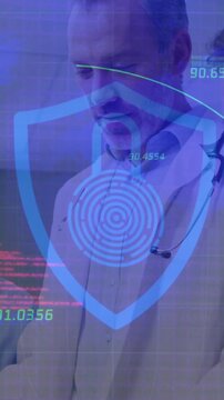 Animation of financial data processing and shield icon over diverse doctors in hospital