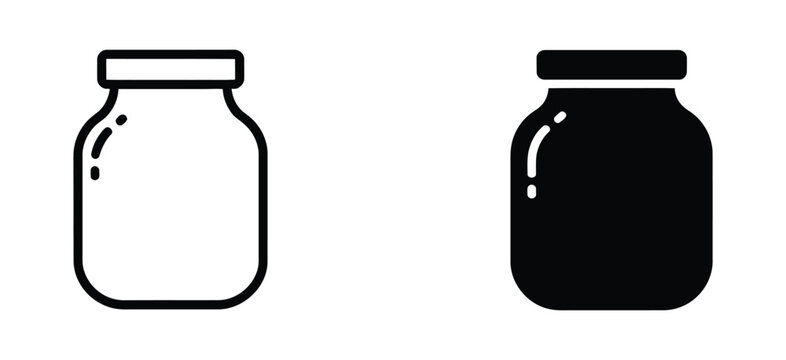 Glass jar container icon set, empty mason jar outline and solid symbol for food storage, jam preserving, kitchenware, and product packaging design.
