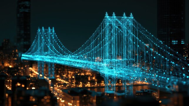 Futuristic wireframe bridge illuminated with glowing blue lights at night