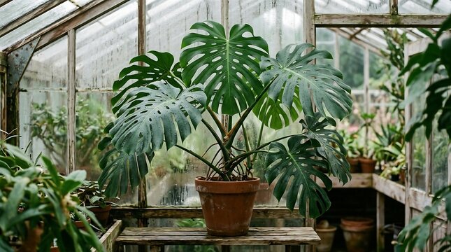 Large tropical green plant in terracotta pot inside rustic glass greenhouse