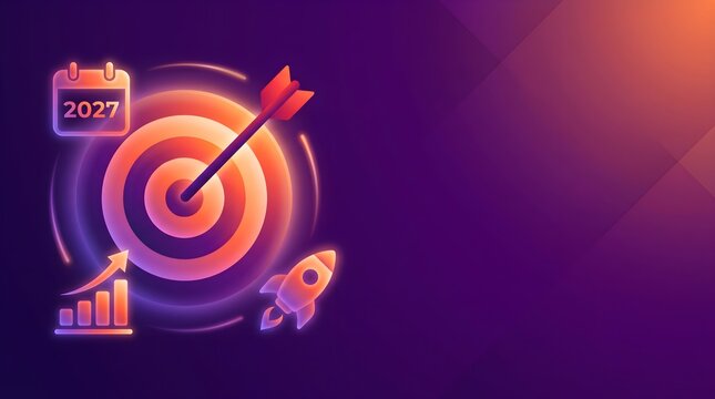 Business success and future goals strategy for 2027 with target bullseye growth graph and rocket ship neon icons on purple background