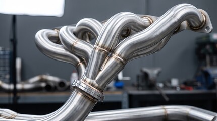 Naklejka premium High performance custom stainless steel exhaust manifold header with precision TIG welding seams, automotive engineering component for racing cars, intricate metal pipe fabrication