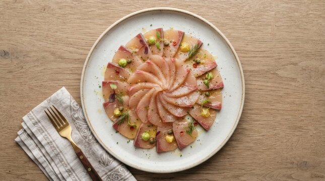 Overhead Flat Lay Raw Amberjack Crudo Fanned Spiral Plate Centered Bare Neutral Surface

