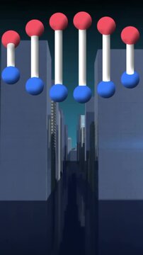 Animation of revolving dna strand and light over modern cityscape
