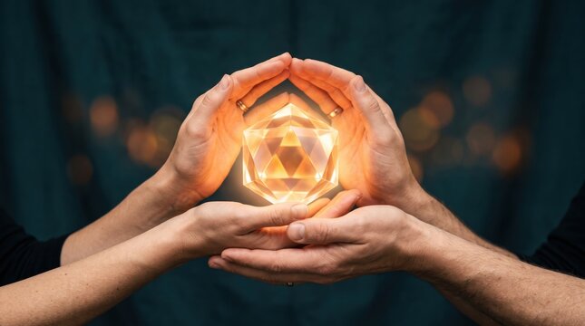 Multiple hands holding and protecting a glowing magical crystal gemstone, symbolizing teamwork unity and shared value, precious diamond shape illuminated from within