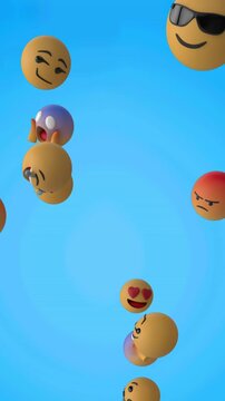Digital animation of multiple face emojis floating against textured blue background