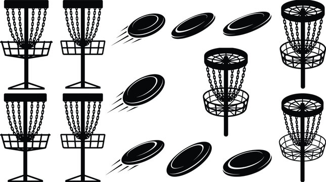 Set of black disc golf basket and flying disc silhouettes vector illustration for sports design