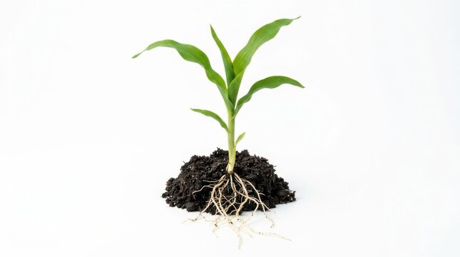 Small young corn plant growing out of a pile of dark organic soil with visible roots on white background
