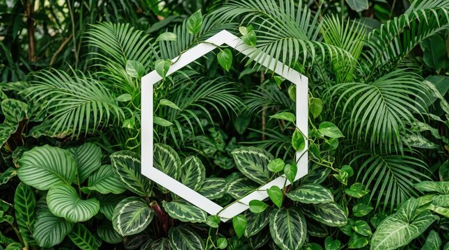 Lush tropical jungle foliage featuring diverse green palm leaves and patterned plants, white geometric hexagon frame overlay acting as for text or logo, exotic botanical garden
