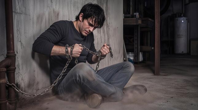 Kidnapped victim struggling with metal chains in dark basement. Captive man trying to break free from restraints in industrial cellar.