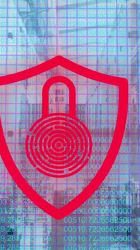 Animation of biometric padlock and data processing over cityscape