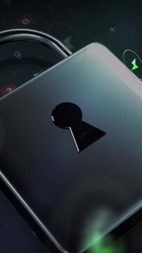 Animation of icons and data processing over padlock icon