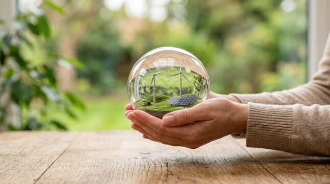 Hands holding a glass sphere containing a miniature landscape with wind turbines and solar panels, symbolizing renewable energy, sustainability, environmental protection