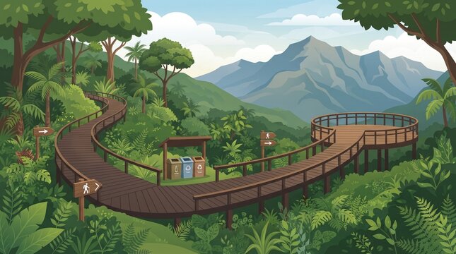 Eco-friendly hiking trail through protected rainforest with wooden walkways and recycling facilities, representing responsible tourism, conservation, outdoor exploration and nature education.