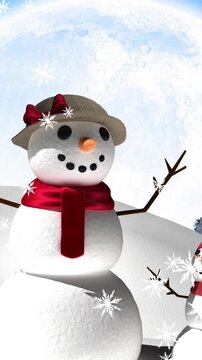 Animation of snowman in snow falling over snowman in winter scenery