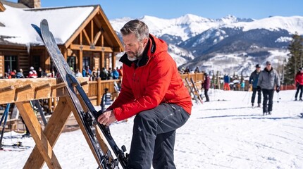 Fototapeta premium Colorado Ski Instructor Gear Check Mountain Lodge Sky Copy Space