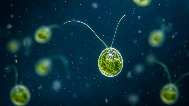 Chlamydomonas unicellular green algae under microscope