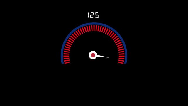 Speedometer gauge animation showing 100 percent performance level on black background, high speed, progress, measurement, dashboard indicator, energy and power concept ui