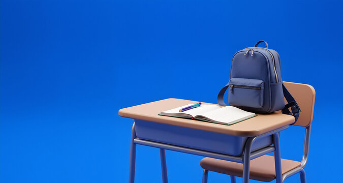School desk with bag and school accessory on blue background with copy space 3D Rendering, 3D Illustration
