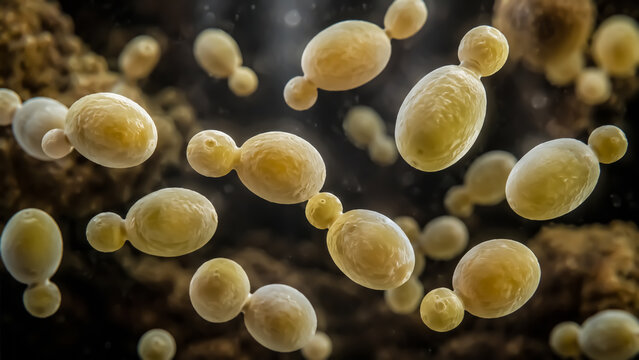 Budding yeast cells under microscope