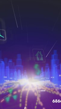 Animation of multiple digital icons over light trails against 3d city model on black background