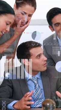 Animation of data processing over surprised diverse businesspeople looking at sphere paperweight