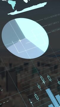Animation of statistical data processing against aerial view of cityscape