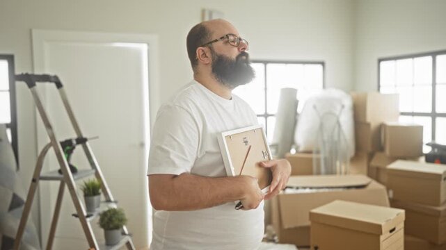 Man holds picture frame to chest wearing white t shirt and glasses, surrounded by stacked cardboard boxes, ladder and packed furniture in a building; nostalgia new home.
