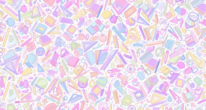 Pastel school supplies seamless pattern, Groovy teacher digital paper background wallpaper 
