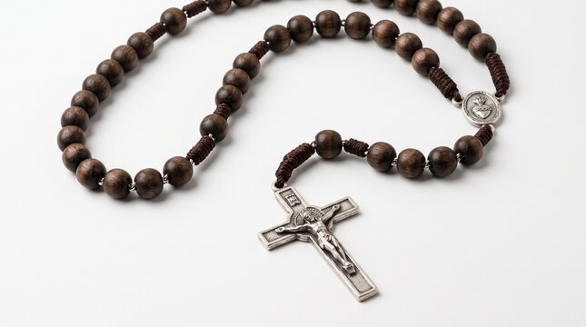 Elegant wooden rosary beads with silver crucifix on white background