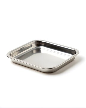 Stainless steel reusable food tray with smooth rounded corners, minimalist lunch accessory isolated on white background