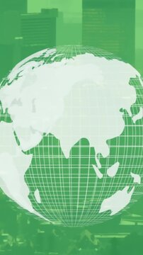 Animation of spinning globe against aerial view of cityscape