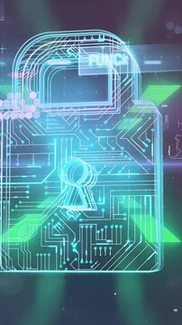 Animation of padlock and digital data processing over neon stripes