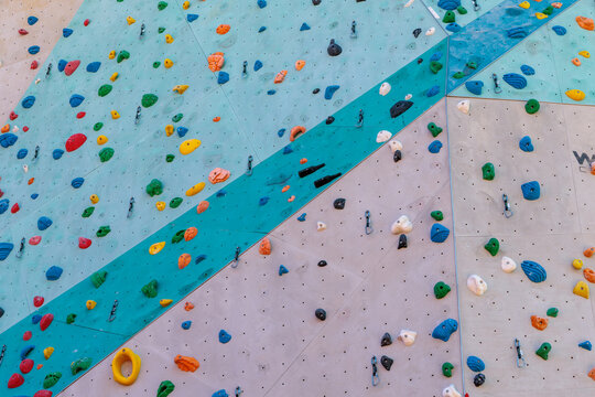 Colorful artificial climbing wall background with multi colored holds and quickdraws, rock climbing and extreme sport concept