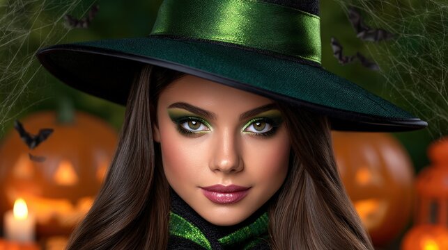 Stylish Woman in Witch Hat with Halloween Decorations