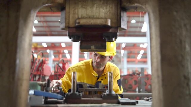 Industrial engineer in protective clothing inspecting and operating heavy machinery during a quality control audit inside a modern manufacturing factory.