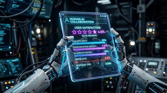 A concept of future technology showing a robotic hand holding a transparent digital tablet with a glowing neon five-star rating system and human-AI satisfaction interface.