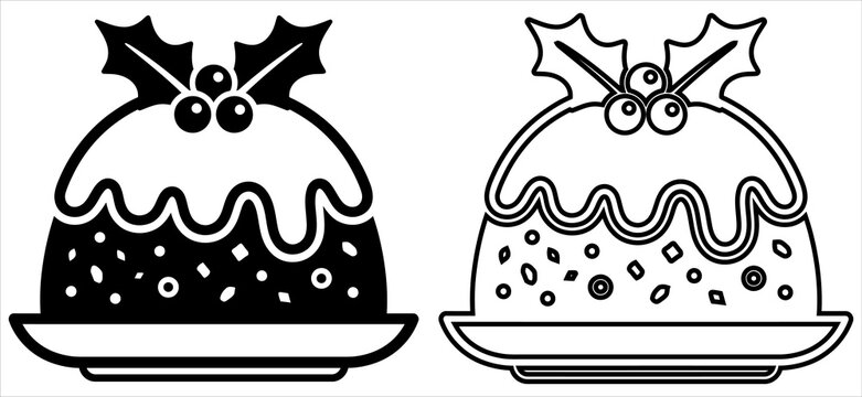 Black and white line art illustrations of traditional christmas puddings with holly berries on a plate
