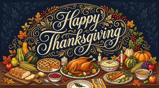 festive thanksgiving feast with roasted turkey assorted vegetables and seasonal decorations