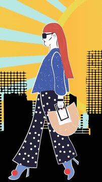Animation of fashion drawing of model in city on yellow background